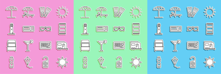 Set line Sun, Rv Camping trailer, Beach towel, Rubber flippers, Travel ticket, Lighthouse, protective umbrella for beach and Glasses icon. Vector