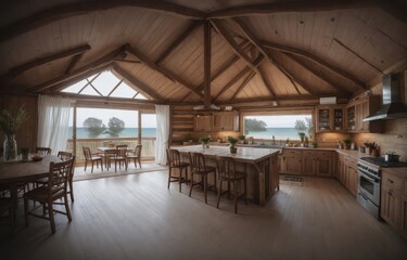 Coastal Cooking: A Rustic Kitchen in a Beach House Yurt with Floor to Ceiling Windows generative ai - 602415857