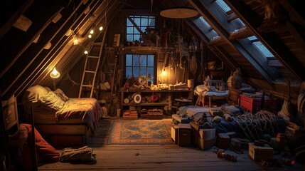 Fototapeta premium Generative AI image of an attic full of old unused things and act as storage.