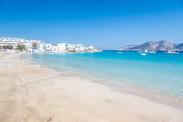 Beautiful beach of Ammos, in Chora village, the only settlment at Koufonisi island, in Cyclades...