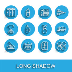 Set line Ice hockey cup champion, Hockey stadium, Locker or changing room, Air table, Crossed bandage plaster, Fitness shaker, resurfacer and Medal icon. Vector