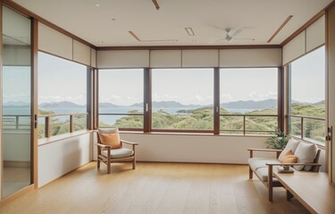 Fototapeta na wymiar A Peek of Paradise: A Glimpse of a Japanese Living Room Interior with Large Windows generative ai