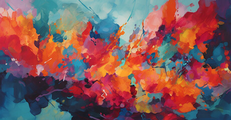 Generate an abstract image inspired by a coral reef, featuring vibrant hues of blues, teals, and purples, interspersed with organic, coral-like shapes in bright oranges, yellows, and reds