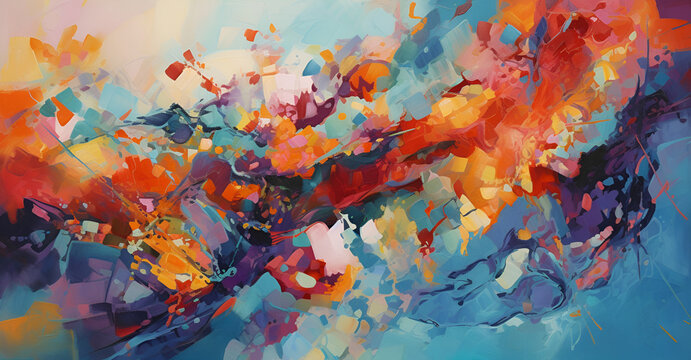 Generate an abstract image inspired by a coral reef, featuring vibrant hues of blues, teals, and purples, interspersed with organic, coral-like shapes in bright oranges, yellows, and reds