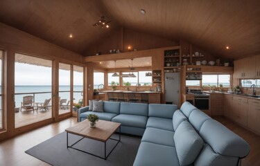 The Eclectic Oceanfront Villa: A Glimpse Inside the Living Room generative ai - 602416236