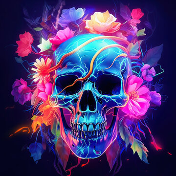 Skull with flowers and neon lights. AI generative art