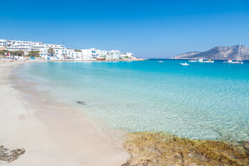 Beautiful beach of Ammos, in Chora village, the only settlment at Koufonisi island, in Cyclades...