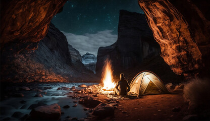 A man sits next to a campfire in a canyon.