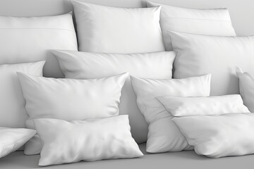 neatly arranged bed with a stack of fluffy white pillows Generative AI