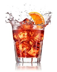 Negroni cocktail splash with an orange slice on white background, Generative AI