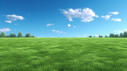 Fototapeta premium 3D illustration of lush green grass parkland and tress against a blue summer’s sky. A.I. generated.