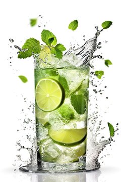 Mojito cocktail splash with lime and mint on white background, Generative AI
