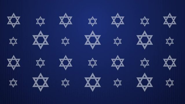 Gold jewish bible star of david symbol on animated blue background. Looped motion graphics with blurred particles.