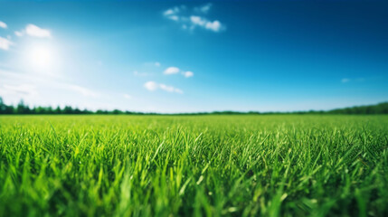 Obraz premium Illustration close up of a lush green grass lawn field against a blue summer’s sky. A.I. generated.