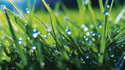 Realistic illustration of a macro close up of dew drops on a lush green grass lawn field against a blue summer’s sky. A.I. generated.