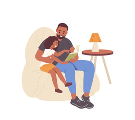 Happy loving father reading book with little smart daughter while sitting in armchair at home