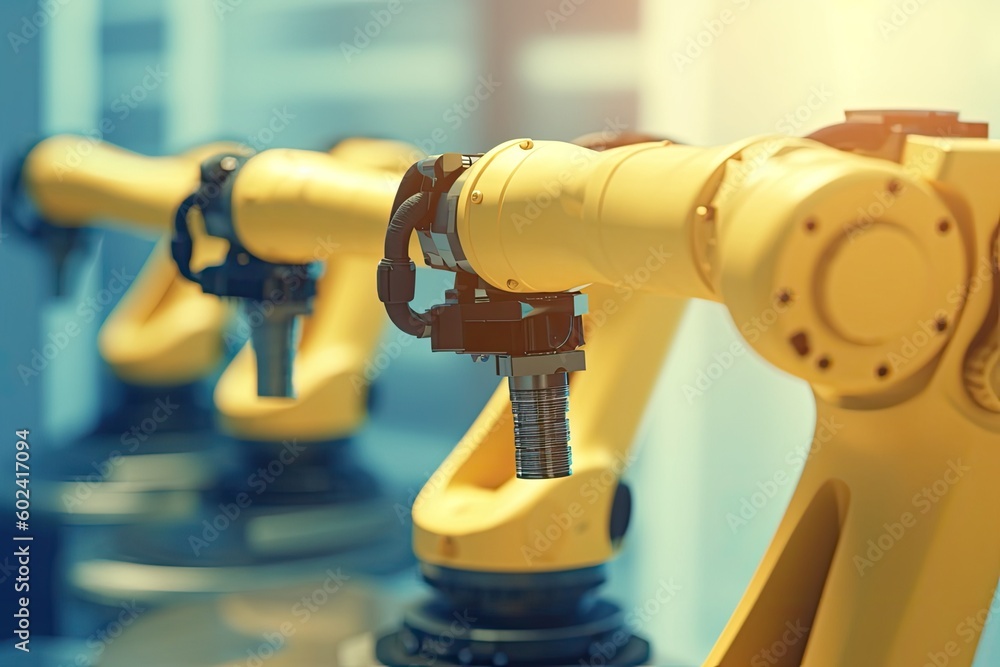Poster multiple yellow robotic arms lined up on a table generative ai