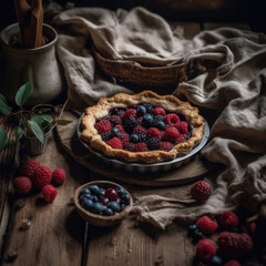 homemade berry tart on wooden board, berries on the table, created with Generative AI Technology