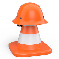 Stack of safety helmets or hard hats and traffic cones on white background