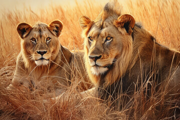 Fototapeta na wymiar Male lion and lioness in tall grasses AI Generative Artwork 
