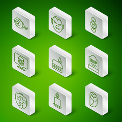Set line Owl, Burning candle, Eye, Castle, Skull, Vampire, Hockey mask and Tombstone with RIP written icon. Vector
