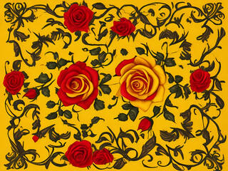 Seamless background with beautiful red and yellow roses, leaves created with generative AI technology