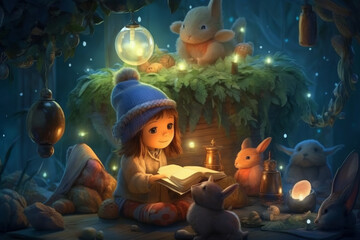 Fototapeta na wymiar Girl reads fairy tales to toys. Fairy tale illustration for the book. fairy creatures