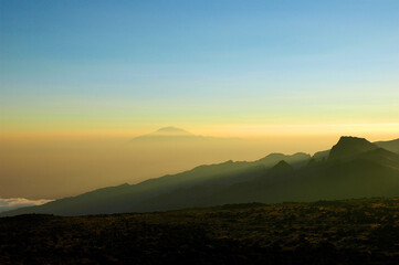 Sunset with mountain profiles from Lemosho route, Kilimanjaro