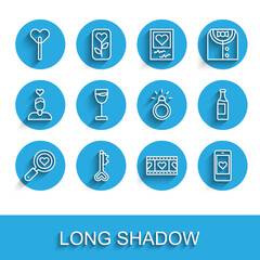 Set line Search heart and love, Key in shape, Lollipop, Play Video with, Mobile, Wine glass, bottle and Diamond engagement ring icon. Vector