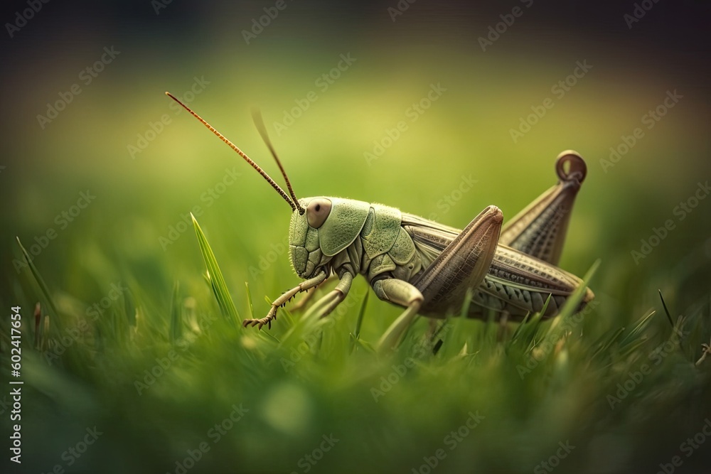 Poster detailed close-up of a green grasshopper sitting on the ground generative ai