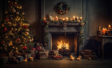 Naklejka premium Interior christmas. Christmas room, fireplace with fire and Christmas tree with decorations in dark. Decorated Christmas Tree inside living Room. Copyspace. Generative AI