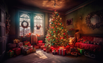 Fototapeta na wymiar Interior christmas. Christmas room, fireplace with fire and Christmas tree with decorations in dark. Decorated Christmas Tree inside living Room. Copyspace. Generative AI