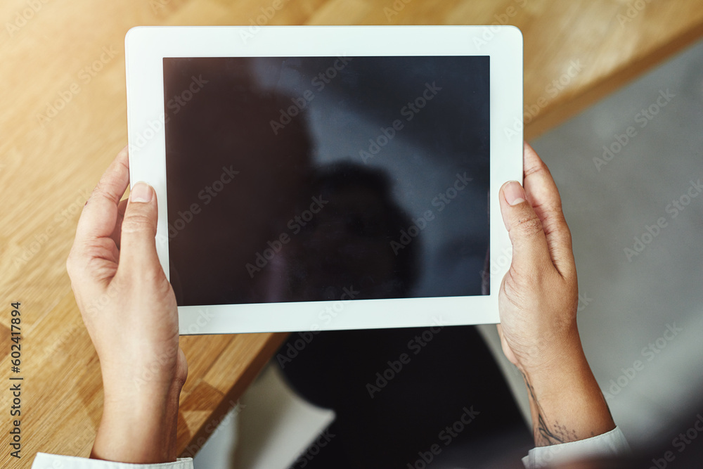 Poster hands, tablet and screen with a business person working online in the office for information researc