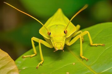green grasshopper perched on a green leaf, with detailed texture and vibrant colors Generative AI