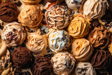 many colored ice cream balls in cups on Grey background, top View, created with Generative AI Technology