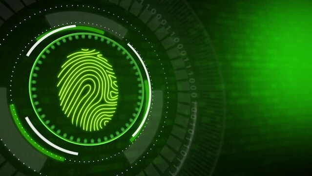 Round button with fingerprint scan. HUD animation of virtual computer cyber security elements on a green background with binary code.