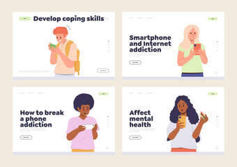 Set of landing page design template with mobile phone addiction problem among school children