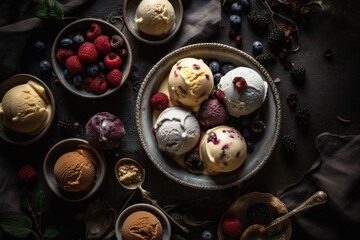 many colored ice cream balls in cups with nuts and berry on Grey background, top View, created with Generative AI Technology