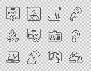 Set line Online education, Two sitting men talking, Treadmill machine, Head with question mark, Key performance indicator, Certificate template, Reading book and Whistle icon. Vector