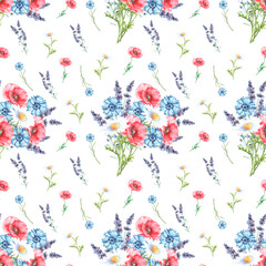 Wildflowers watercolor seamless pattern. Poppy, cornflower, chamomile, lavender. Spring, summer bouquet. Floral background. Red, blue, white, green colors. For printing on textiles, fabrics, paper