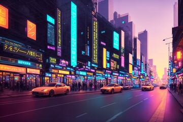 Fototapeta premium Modern city streets at night, skyscrapers and street lights, traffic and people. Generative AI.