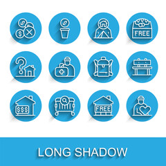 Set line House with dollar, Searching for food, No money, Shelter homeless, Volunteer, First aid kit, Bench and Hiking backpack icon. Vector