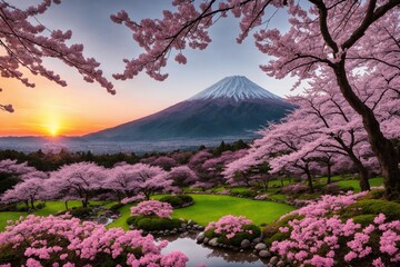 Fototapeta na wymiar Sakura blossoms in japanese style ornamental garden, beautiful landscape. Generative AI.