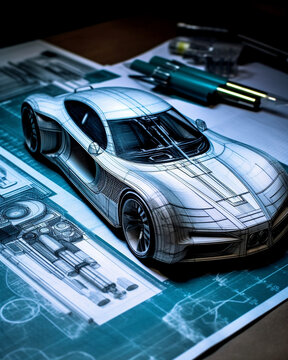 Ingénieur conception automobile dessin croquis développement Prototype concept voiture industriel, IA création, 