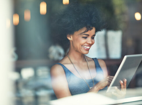 Tablet, coffee shop window or happy woman with online insight, positive feedback and smile for cafe service review. Customer research, growth statistics and retail person with restaurant sales income