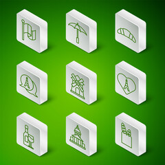 Set line French baguette bread, Museum building, Flag France, Windmill, Eiffel tower, Umbrella for beach, Wine bottle with glass and heart icon. Vector