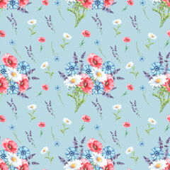 Meadow flowers watercolor seamless pattern. Poppy, cornflower, chamomile, lavender. Spring, summer bouquet. Floral background. Red, blue, white, green colors. For printing on textiles, fabrics, paper