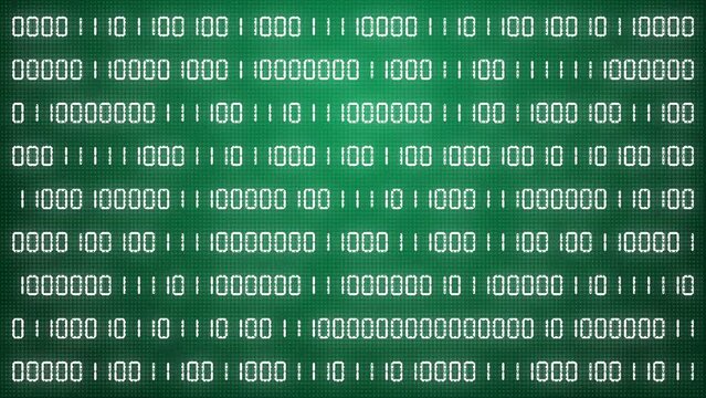 Simple binary code on green digital background with pixel. Changing numbers zero and one on screen. Abstract motion graphics.