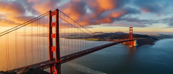 Fototapeta premium Golden Gate, San Franciso, at sunset. Generative AI