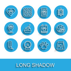 Set line Drinker for small pets, Hamster wheel, Heart with animals footprint, Paw, Food fish, Cat litter tray shovel, World and Calendar grooming icon. Vector